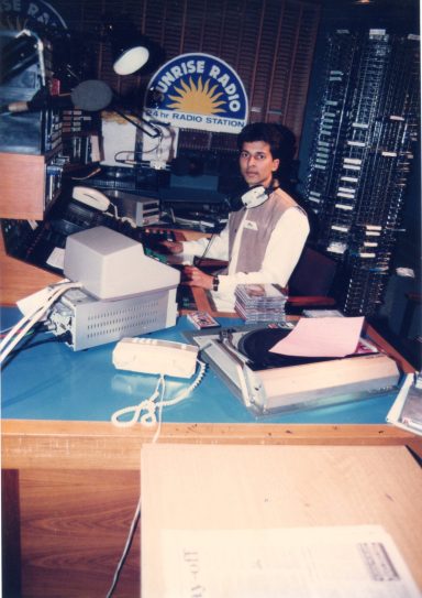 Muhammad Farhan Aslam in the studio of Sunrise Radio Leicester, the UK’s first 24-hour commercial Asian station.