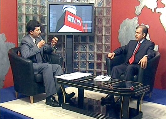 Farhan Aslam interviewing DG ISPR Major General Shaukat Sultan at ARY TV London studios.