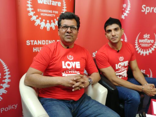 Farhan Aslam presenting a charity appeal with Mohsin Abbas Haider at Samaa TV’s Bradford studio.